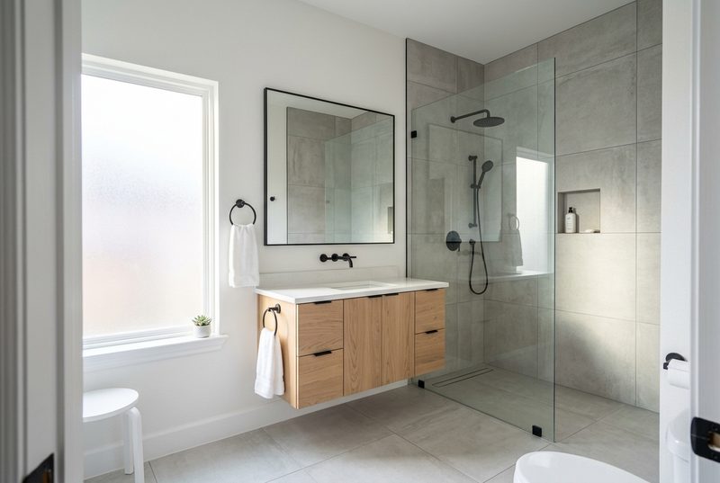 Baño remodelado con regadera de porcelana de formato grande, mampara de vidrio y mueble flotante de roble