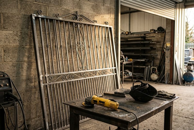 Portón de herrería recién fabricado apoyado en el taller, con soldaduras esmeriladas al ras