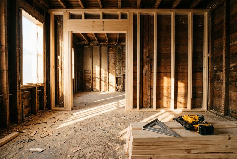Interior de vivienda en obra con estructura nueva de madera y dintel sobre un vano recién abierto