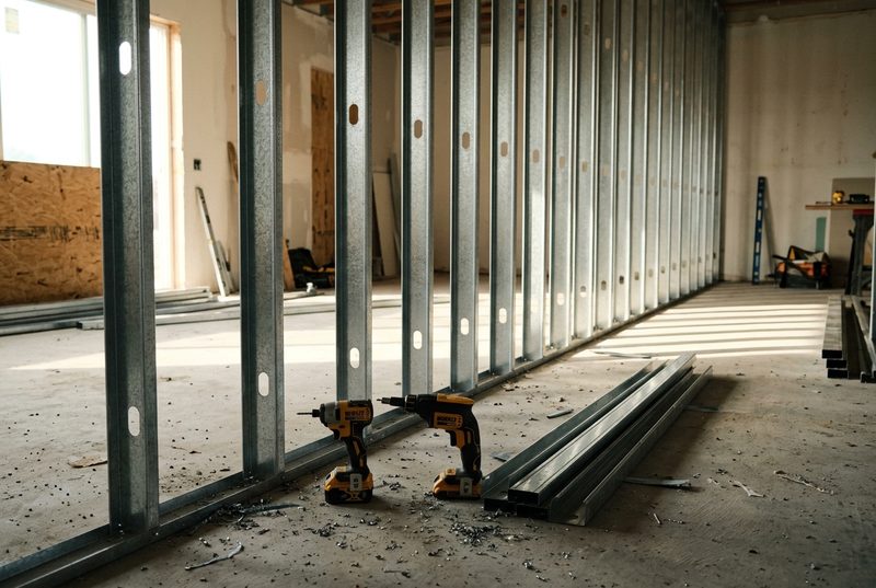 Muro interior armado con postes de acero galvanizado calibre ligero sobre losa de concreto